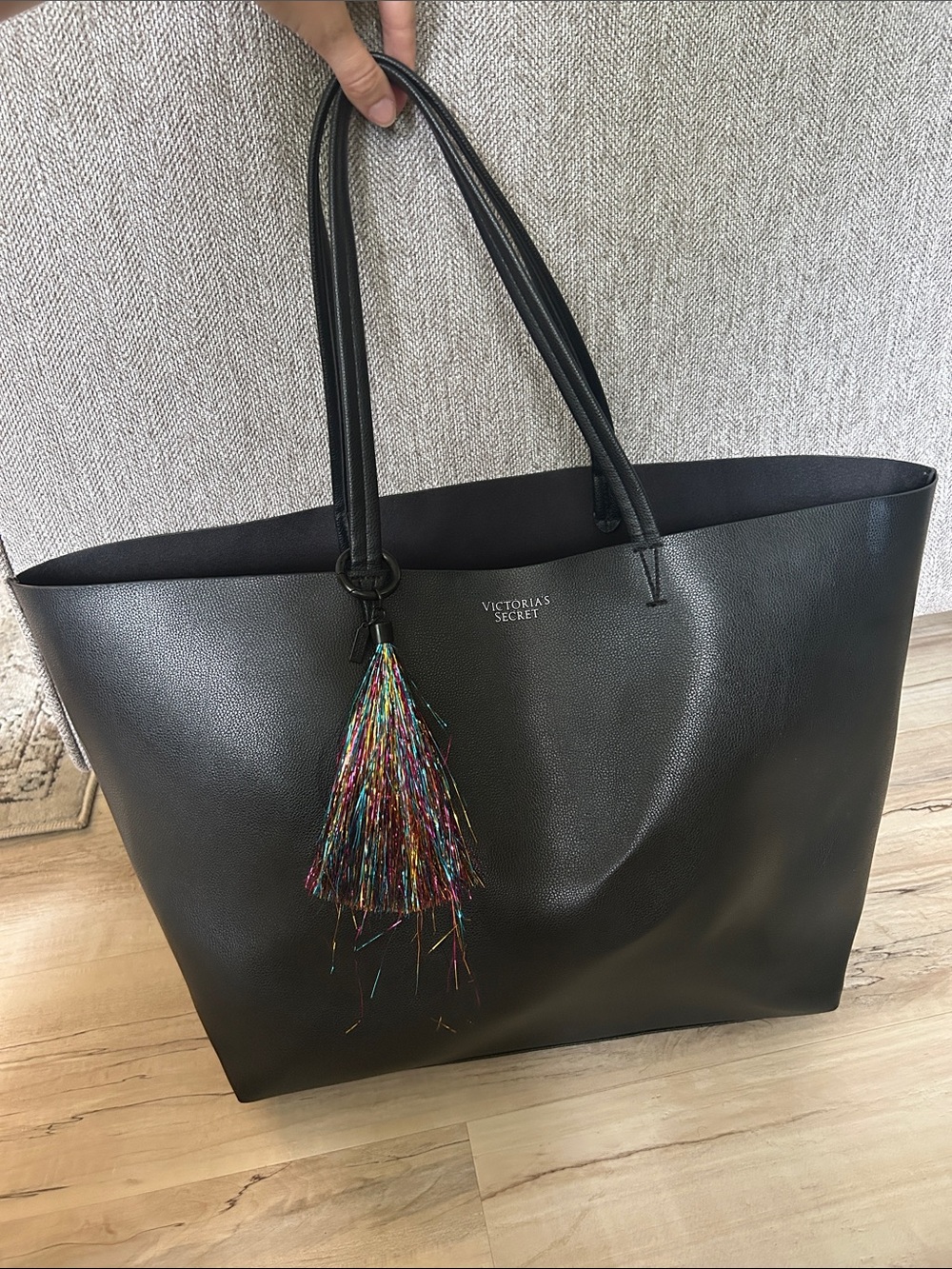 Victoria's Secret Black Tote with Multicolor Tassel Charm